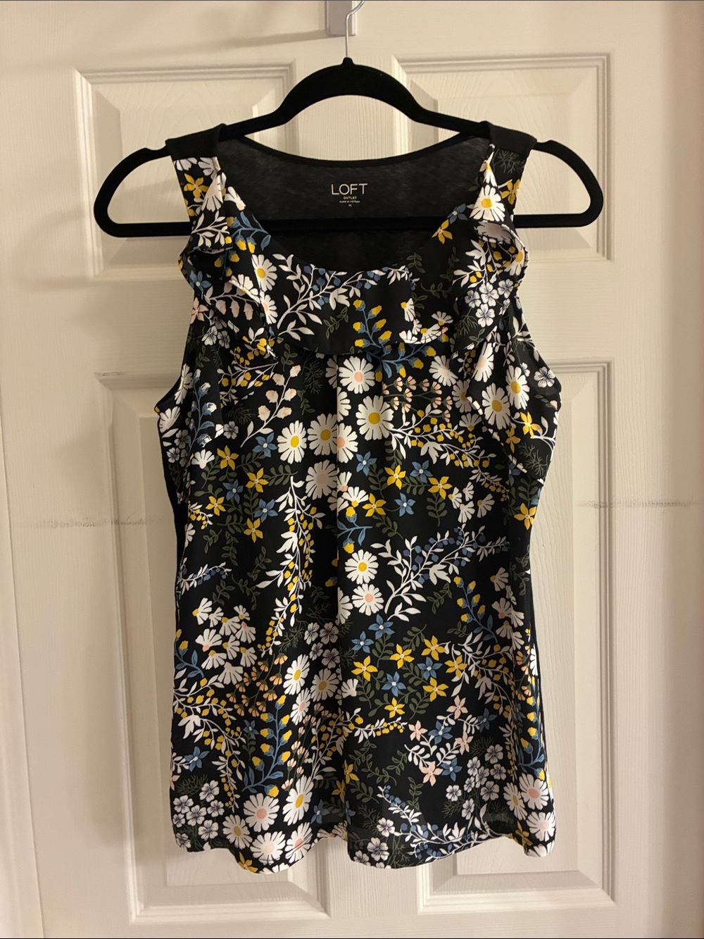 LOFT Black Floral Ruffle-Neck Sleeveless Blouse